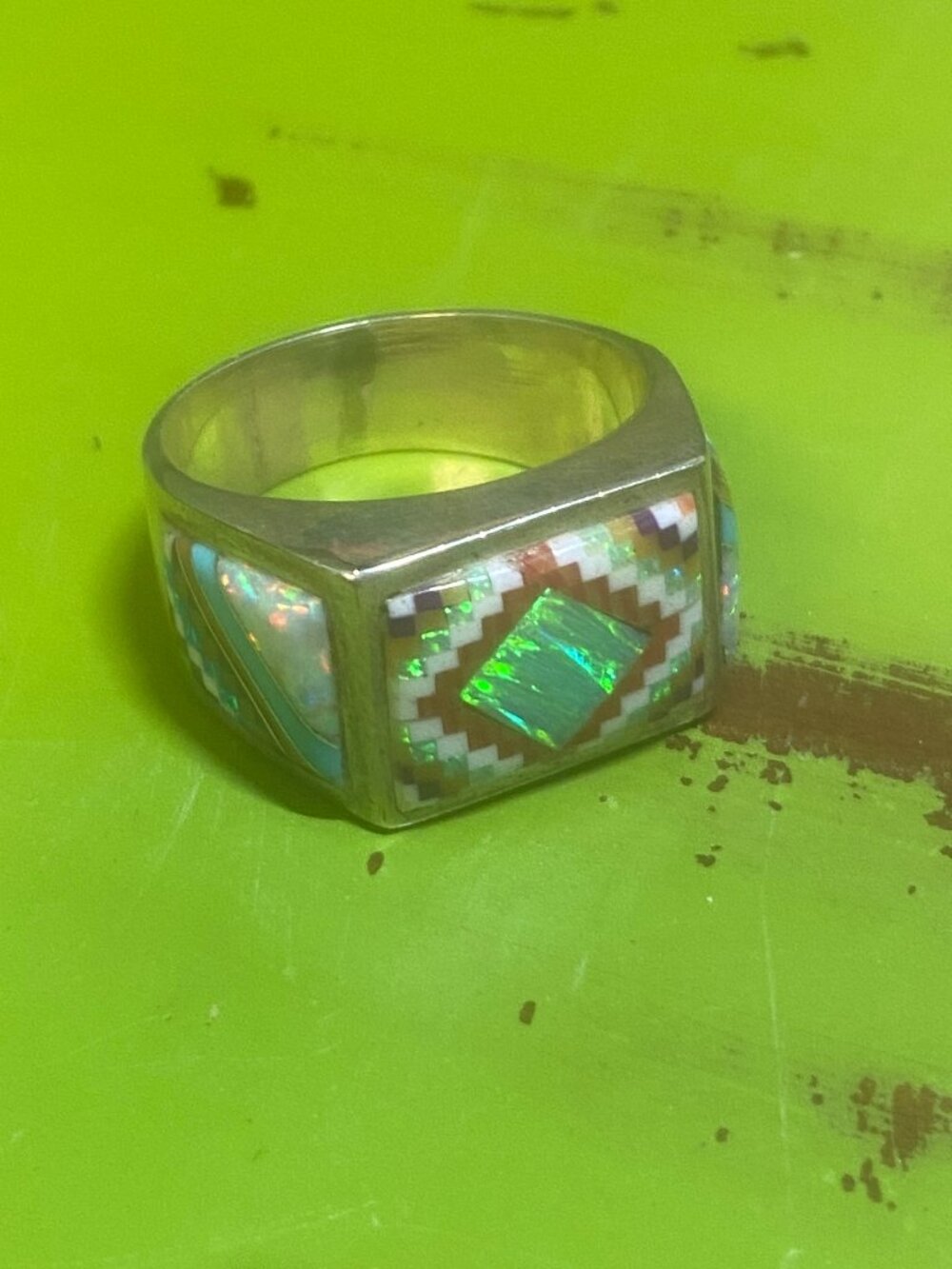 Zuni Men's Ring Size 10 1/2 Inlay Sterling Silver Opal Native American Ethnic - Picture 8 of 12